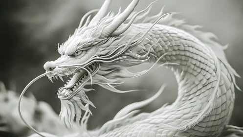 Monochrome 3D Eastern dragon coils with hyper-detailed scales