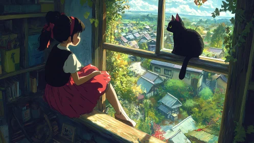 Girl and cat at window overlooking sunlit village scene.