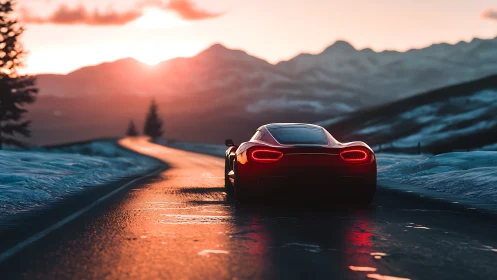 Rear view red sports coupe on icy mountain road at sunset
