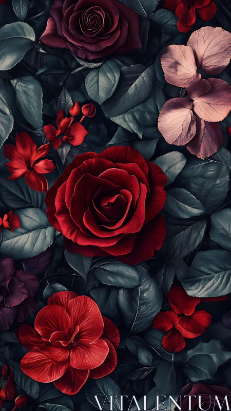 Velvet Roses in Deep Botanical Arrangement.