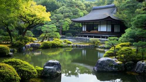 Traditional Japanese garden with pond and wooden pavilion.