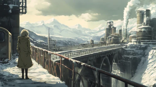 Snowbound rail bridge overlooking industrial refinery complex