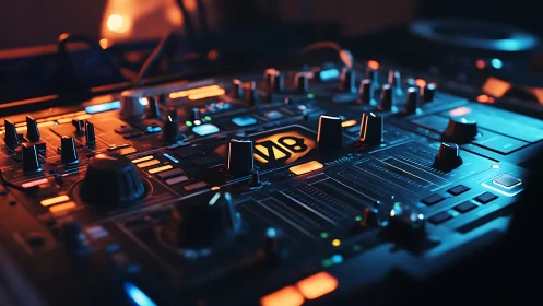 LED-lit DJ controller soundboard with faders in studio bokeh