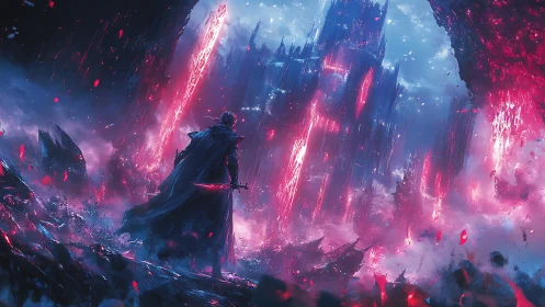 Spectral swordsman confronting eruptive crystalline citadel.