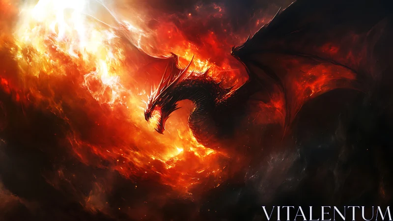 Firestorm dragon soars through burning cosmic clouds.