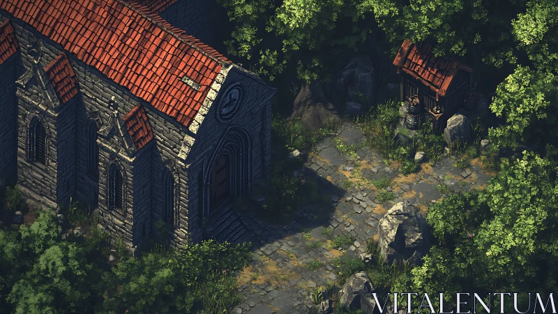 Sunlit forest chapel path with quiet storybook charm.