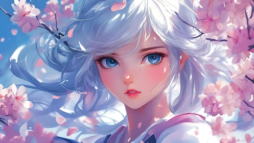 Silver-haired anime girl framed by soft pink blossoms.