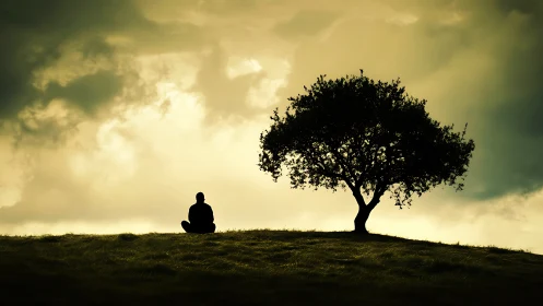 Silhouetted person and tree on hill under backlit cloudy sky