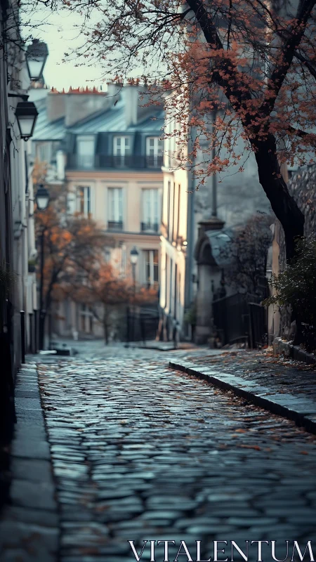 Cobblestone Parisian lane at dusk with soft autumn glow.