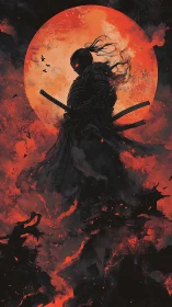 Armored warrior silhouette stands before burning red moon