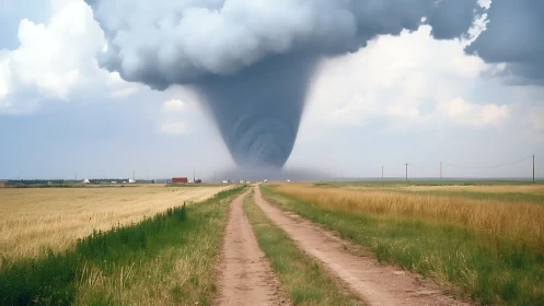 Dirt road leads toward a towering tornado over open fields
