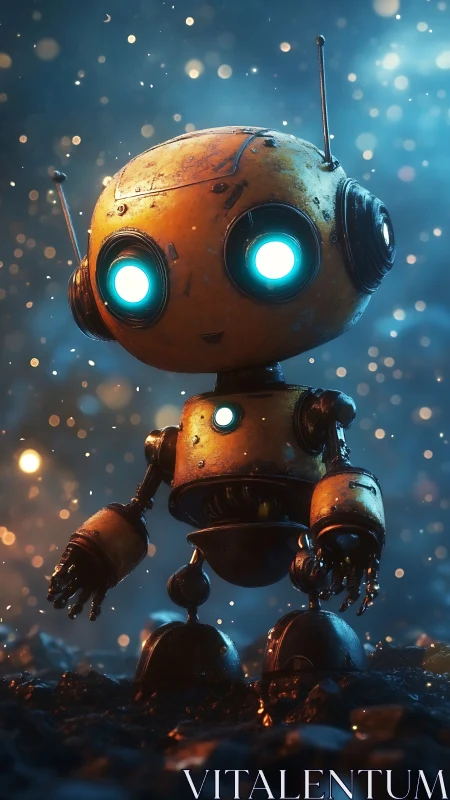 Rustic bokeh-lit robot rendered in cinematic 3D detail