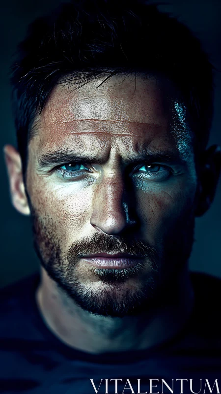 Focused blue-eyed portrait in dramatic cinematic light.