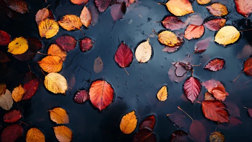 Colorful autumn leaves floating on dark reflective water.