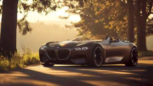 Low-slung roadster concept under volumetric sunset lighting.