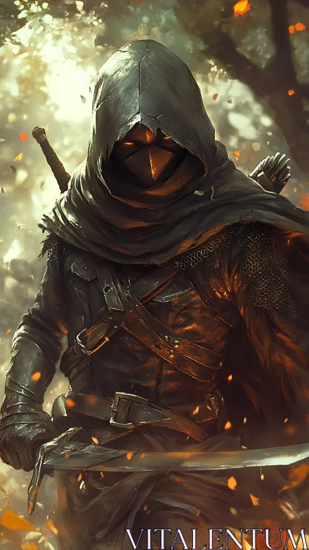 Hooded rogue swordsman in ember-lit woodland ambience.