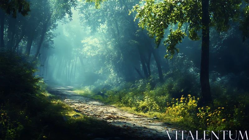 Luminescent Forest Pathway with Volumetric Light Rays Through Dense Canopy