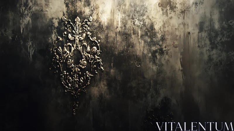 Baroque floral relief glows on distressed dark wall