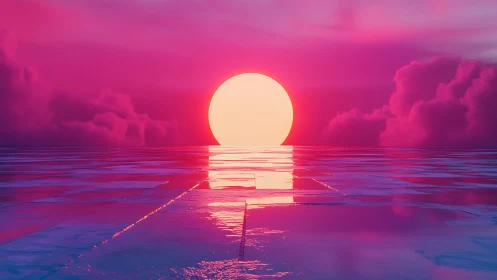 Neon horizon sun over reflective ocean tiles at dusk.