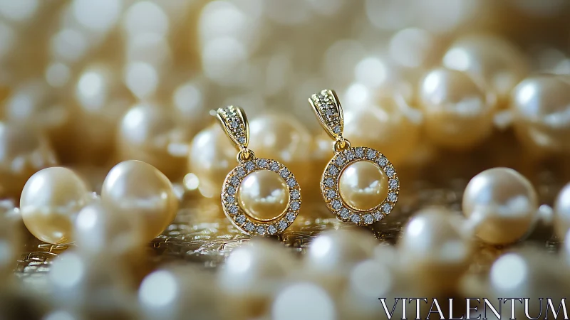Macro study of diamond halo pearl earrings in bokeh field