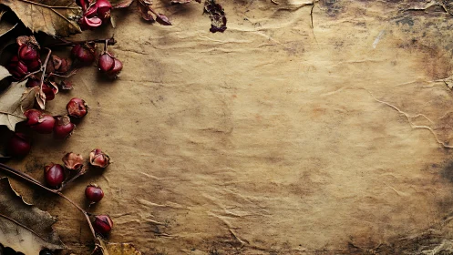 Dried red berries frame textured vintage parchment surface