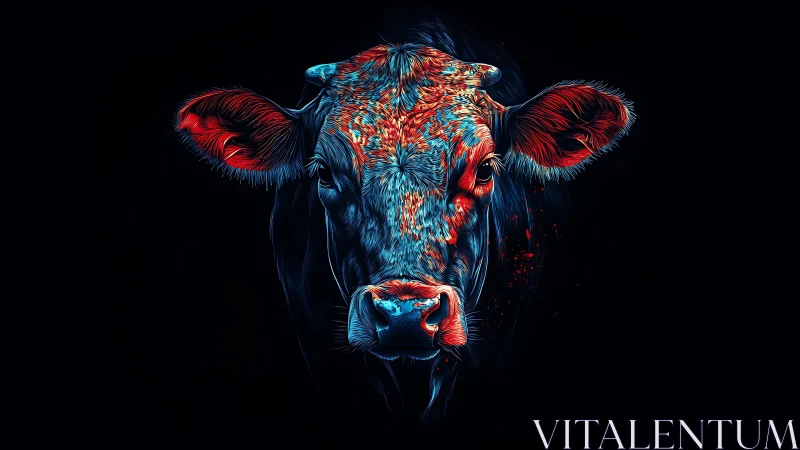 Neon-lit bovine portrait with high contrast edge-illumination