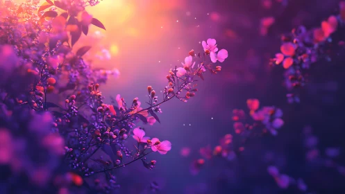 Pink flowers with warm backlight in soft focus gradient