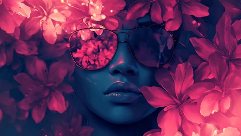 Neon-lit woman in sunglasses emerges from glowing flowers