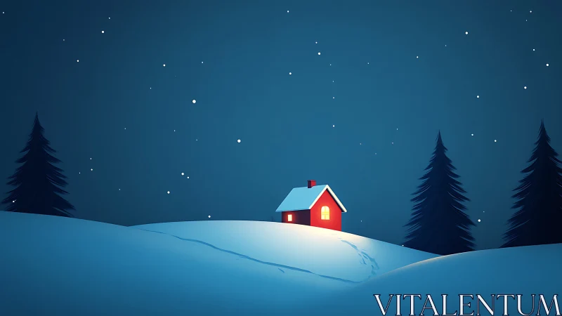 Red cabin on snowy hill under starlit winter sky.