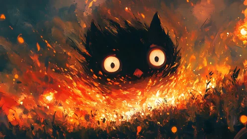 Curious ember spirit peeking from a swirl of wildfire light.