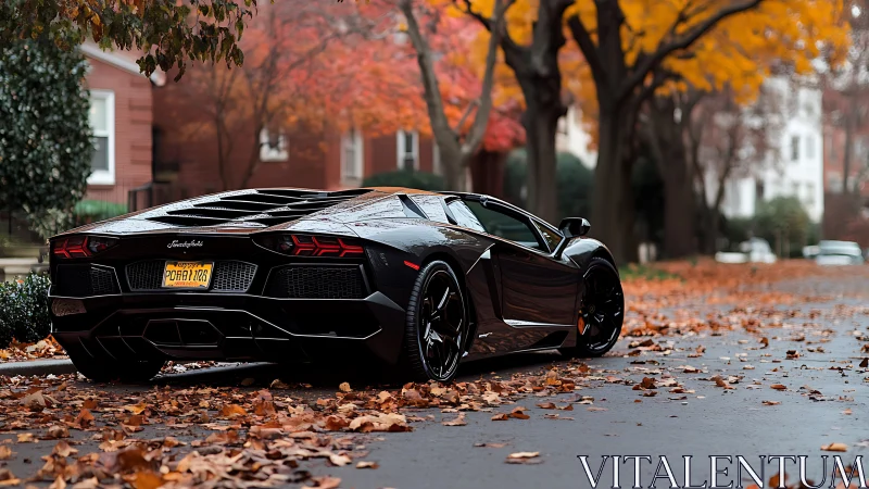 Black sports car parked on suburban street in autumn.