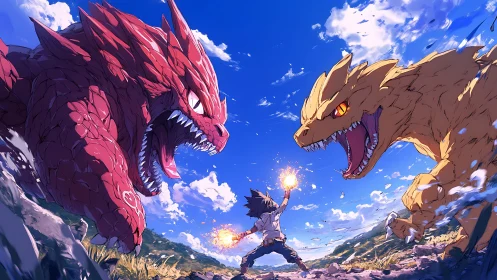 Human summoner confronting two elemental dragon beasts.