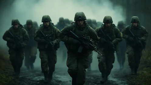 Photorealistic military squad advancing through foggy forest trail.
