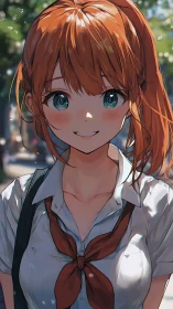 Sunlit schoolgirl smile on a breezy after-class walk.