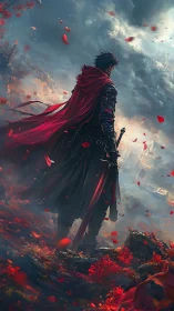 Crimson-cloaked wanderer greets the storm-lit ruined kingdom