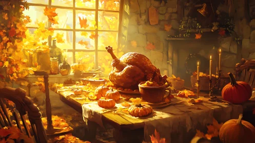Roasted turkey on rustic autumn table by sunlit window.