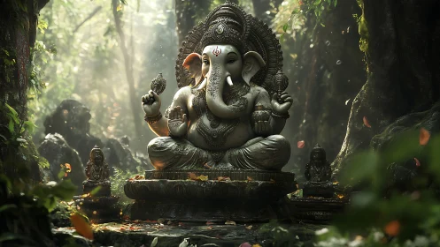 Forest dawn crowns serene elephant deity in mossy stone