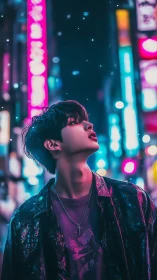 Young person in neon city street at night, upward gaze.