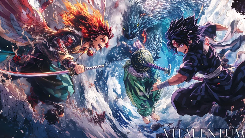 Blazing wings and rushing waves collide in anime battle.