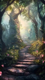 Ancient Forest Path With Flowering Undergrowth.