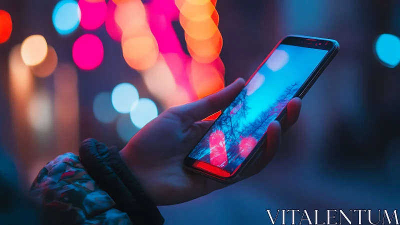 Neon city glow reflected in a quiet moment with a phone.