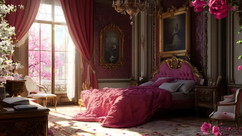 Rose-drenched royal bedroom basking in enchanted morning light.