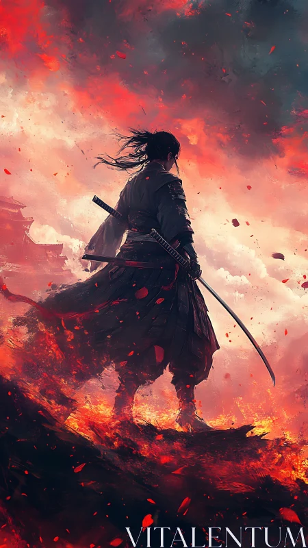 Lone samurai silhouette in molten ember storm at dusk.