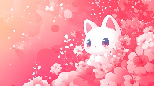 White cartoon cat among dense pink floral background.