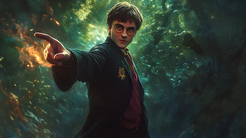 Young wizard casting fiery spell in an enchanted forest.