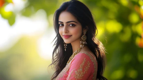 Portrait of woman in pink embroidered saree outdoors