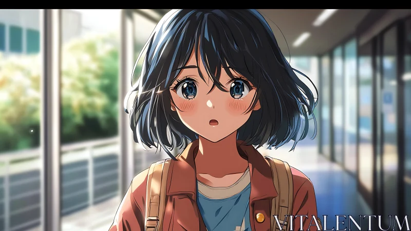 Surprised schoolgirl in sunlit corridor, soft anime focus.