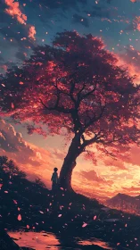 Twilight petals drift as a quiet dreamer studies the sky