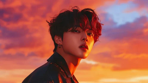 Sunset-lit portrait of a dreamer in molten orange skies.