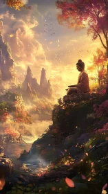 Serene Buddha statue overlooks glowing autumn valley at dawn